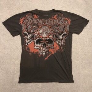 Xtreme Couture Mens Large T-Shirt Gray Skull MMA Graphic Biker Y2K Affliction